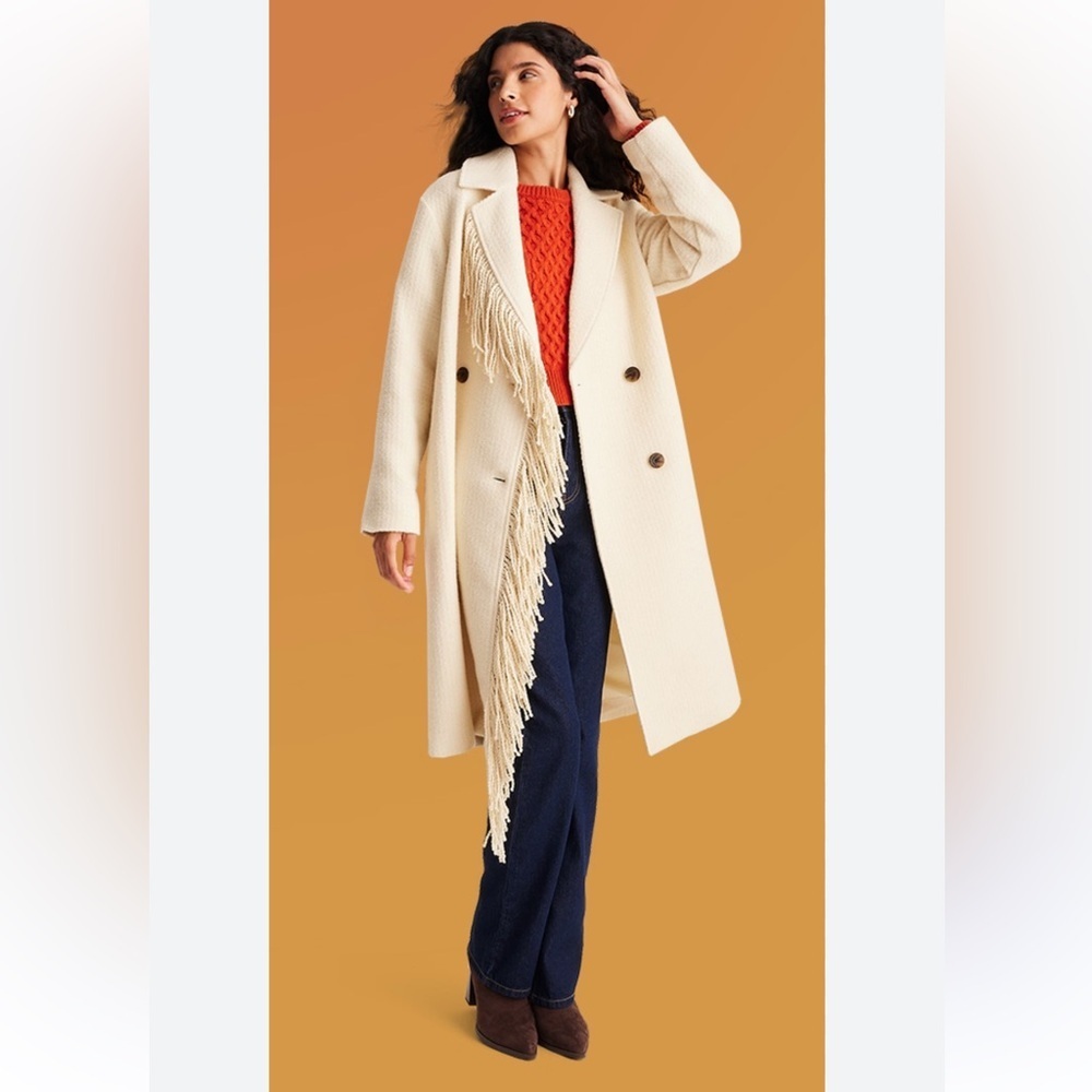 Future Collective Fringe-Trim Cream Double-Breasted Pea Coat